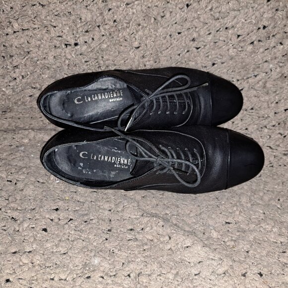 LA CANADIENNE-Black Kid Leather w/Cap Toe-Oxford-Lace Up-36.5-Excellent - Picture 7 of 8